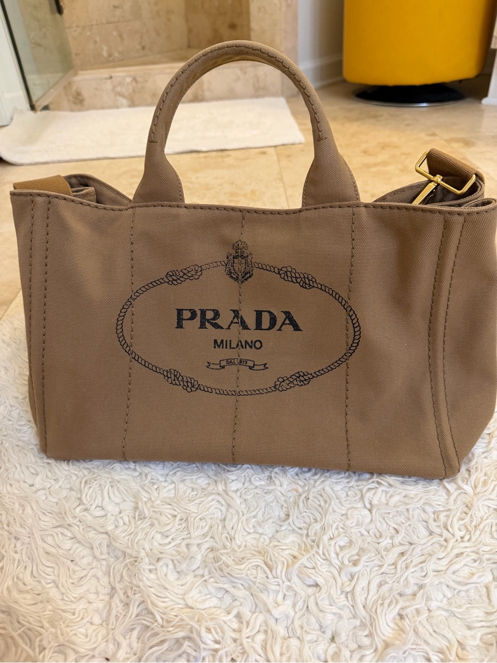 Prada Canapa Canvas Shoulder Tote Bag in Tan